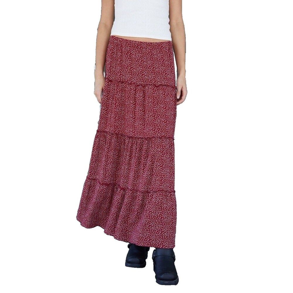 Brandy Melville John Galt Pacsun Red Floral Izzy Tiered Pull On Maxi Skirt Boho
